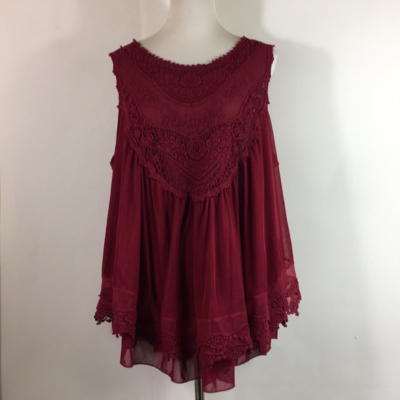 Cato Tops - Cato Deep Red Layered Lace Embroidered Tank 2X